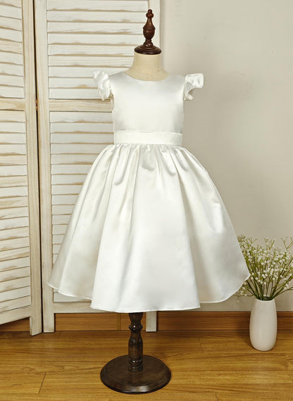 Floryme Ball-Gown Scoop Satin Tea-Length Flower Girl Dress With Ruffles