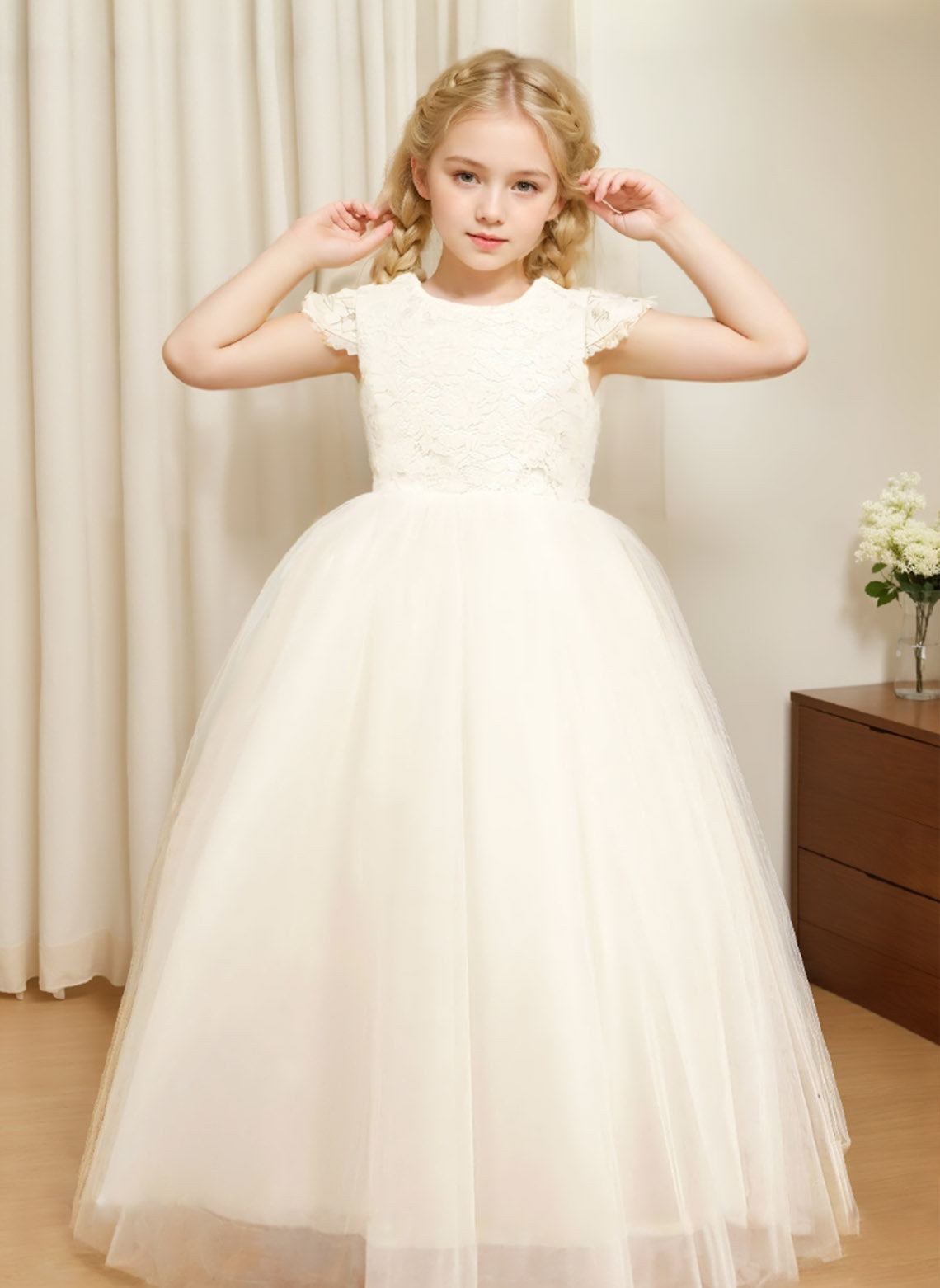 Floryme A-line Scoop Tulle/Lace Floor-length Flower Girl Dress