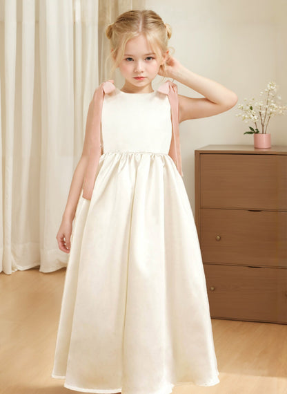 Floryme A-line Scoop Satin Floor-length Flower Girl Dress With Bow