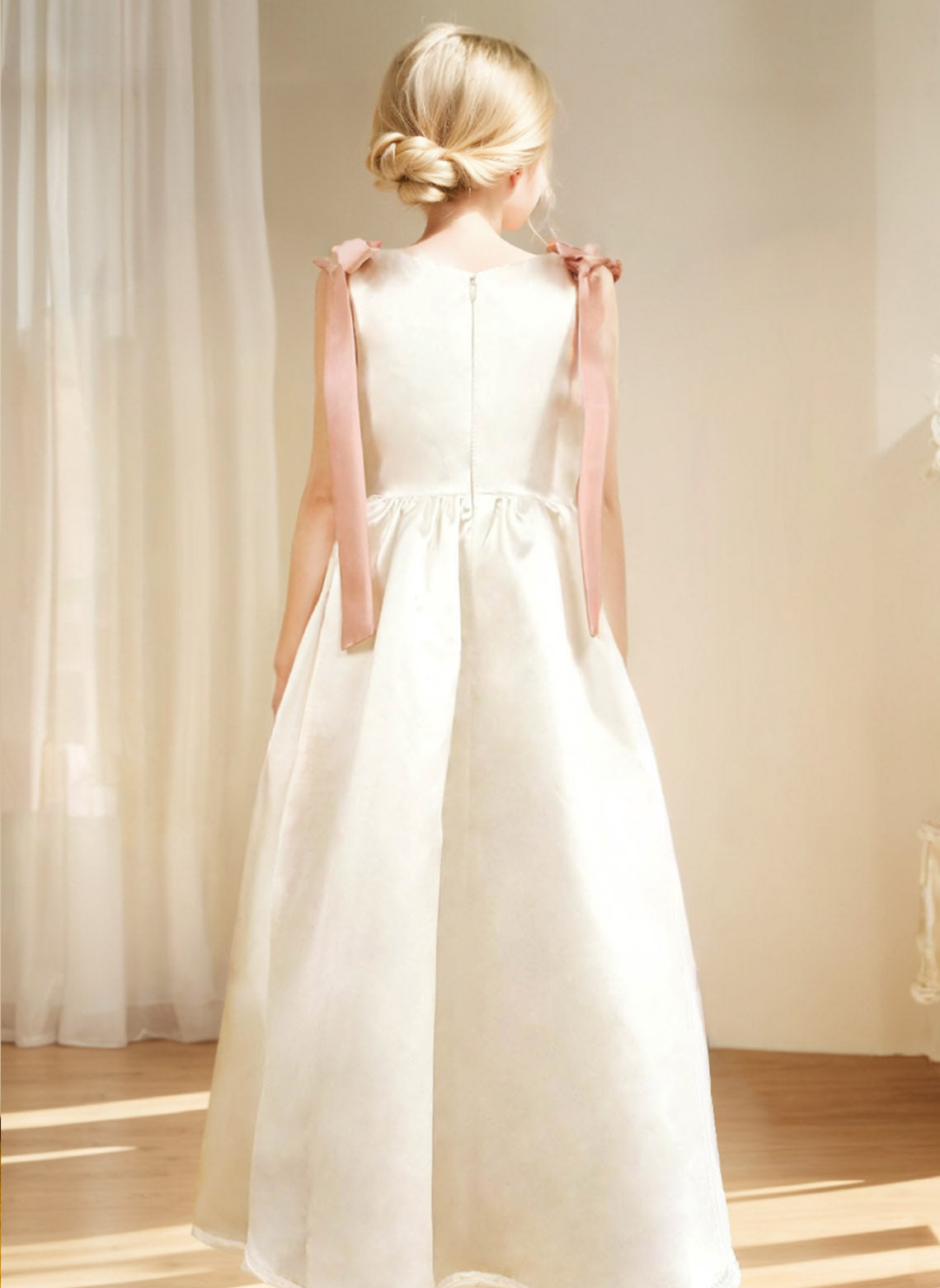 Floryme A-line Scoop Satin Floor-length Flower Girl Dress With Bow