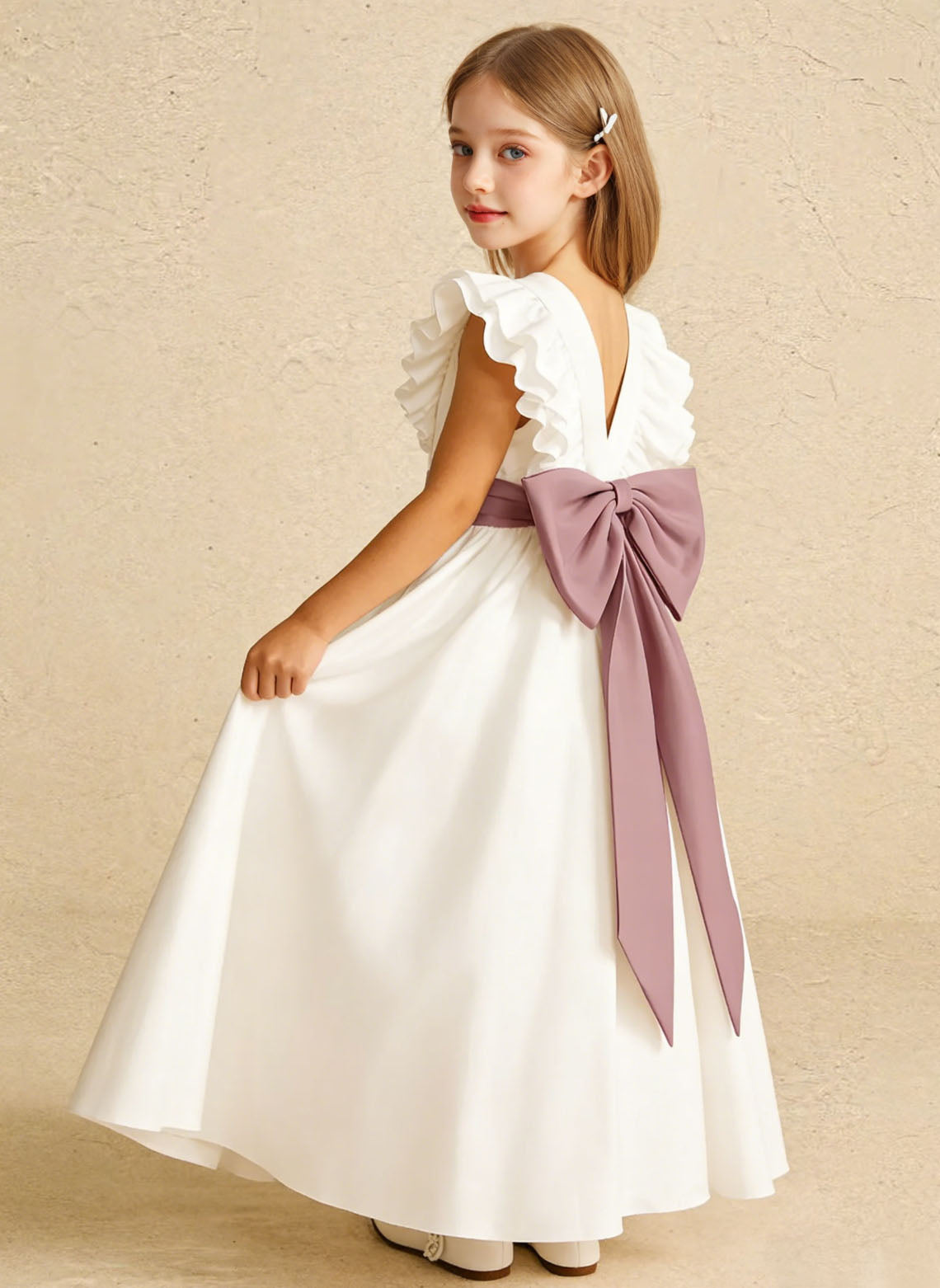 Floryme A-line Scoop Satin Floor-length Flower Girl Dress With Bow