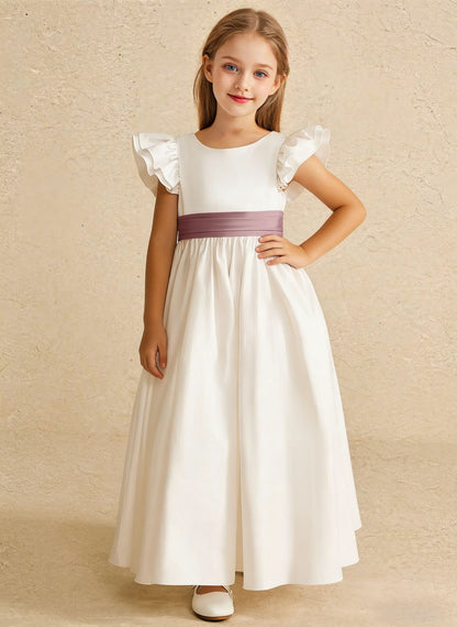 Floryme A-line Scoop Satin Floor-length Flower Girl Dress With Bow
