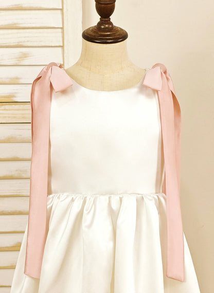 Floryme A-line Scoop Satin Floor-length Flower Girl Dress With Bow