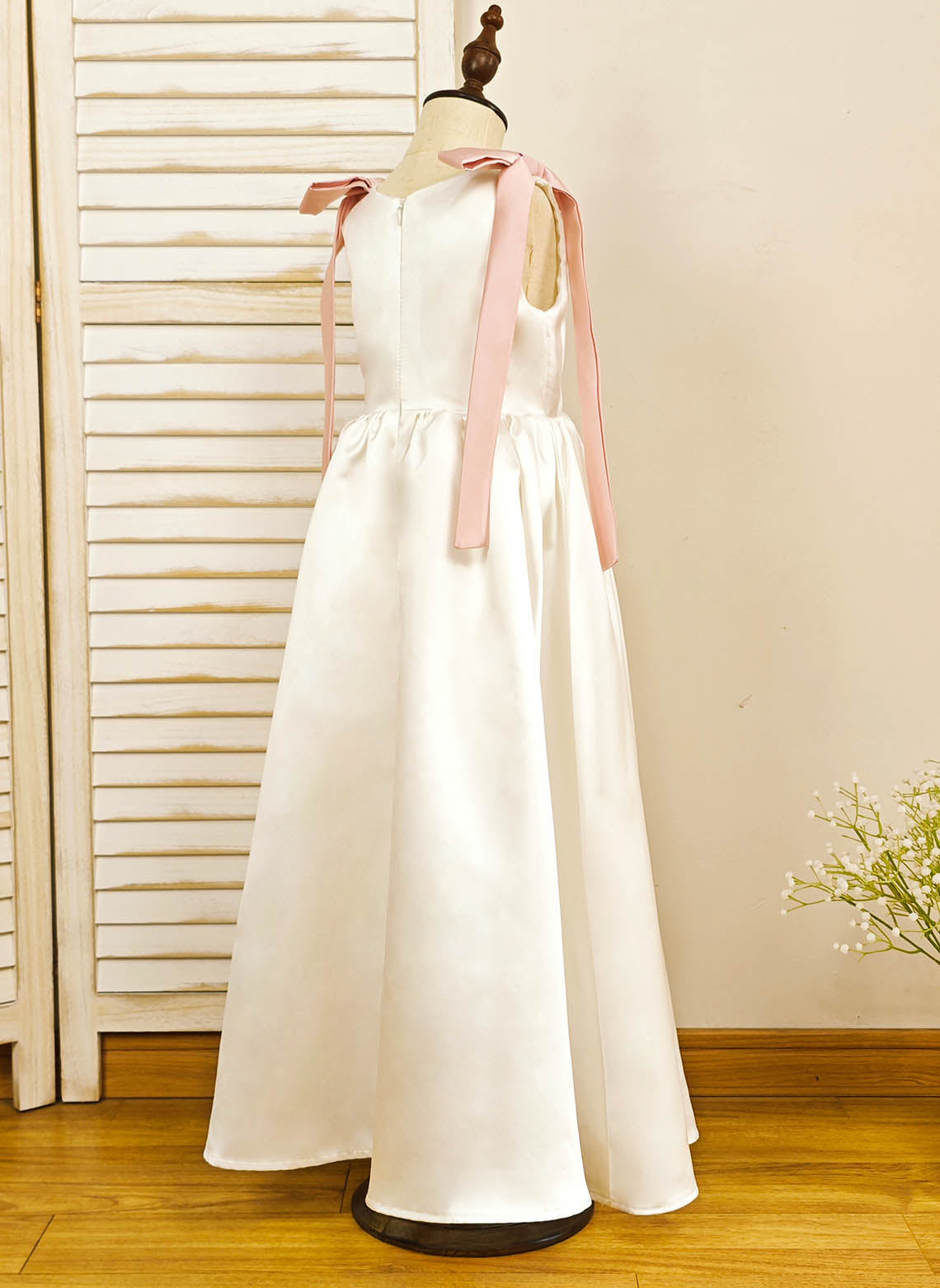 Floryme A-line Scoop Satin Floor-length Flower Girl Dress With Bow