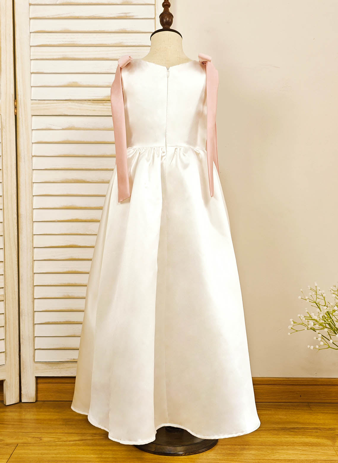 Floryme A-line Scoop Satin Floor-length Flower Girl Dress With Bow