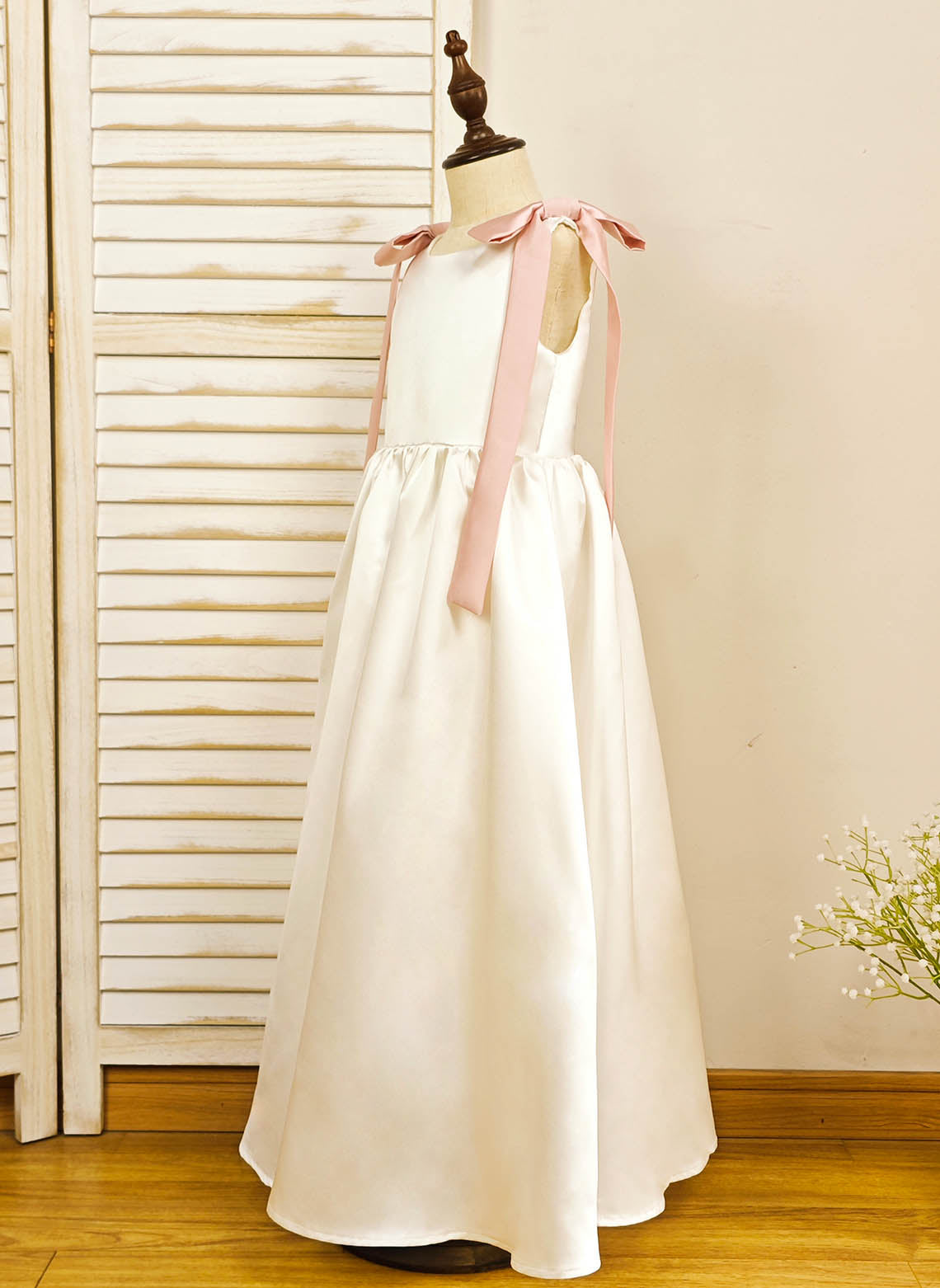 Floryme A-line Scoop Satin Floor-length Flower Girl Dress With Bow