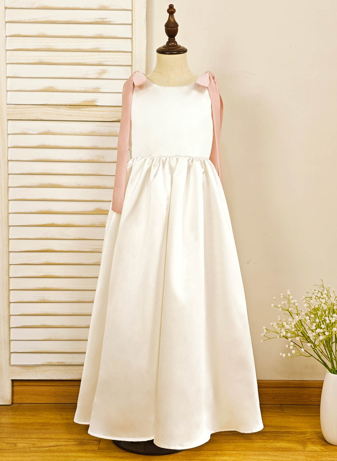 Floryme A-line Scoop Satin Floor-length Flower Girl Dress With Bow