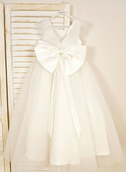 Floryme Ball-Gown Scoop Satin/Tulle Floor-length Flower Girl Dress With Bow
