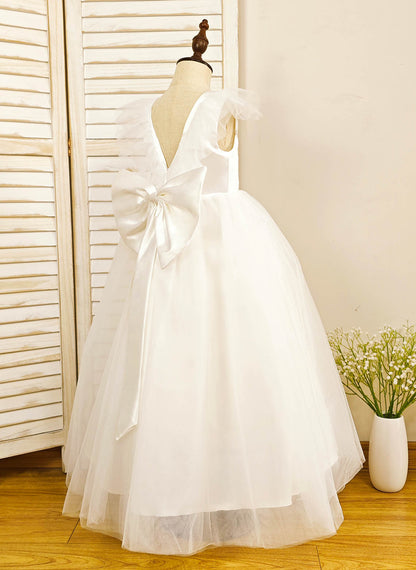 Floryme Ball-Gown Scoop Satin/Tulle Floor-length Flower Girl Dress With Bow