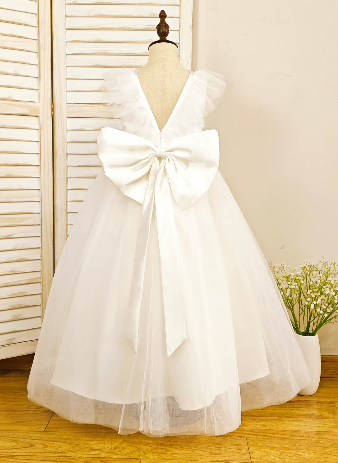Floryme Ball-Gown Scoop Satin/Tulle Floor-length Flower Girl Dress With Bow