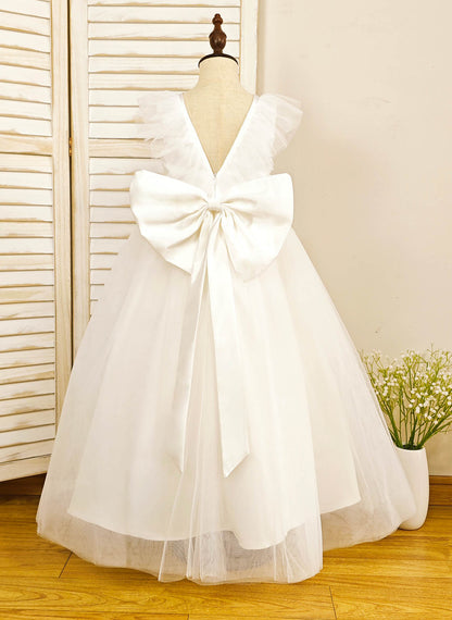 Floryme Ball-Gown Scoop Satin/Tulle Floor-length Flower Girl Dress With Bow
