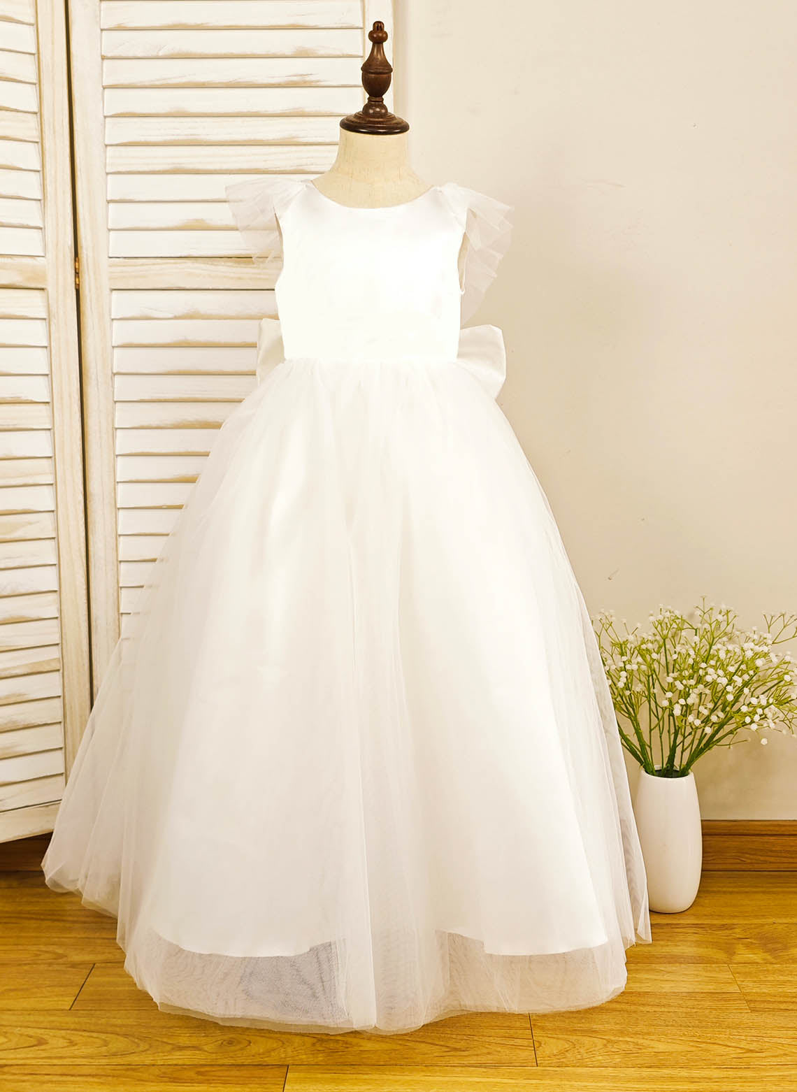 Floryme Ball-Gown Scoop Satin/Tulle Floor-length Flower Girl Dress With Bow