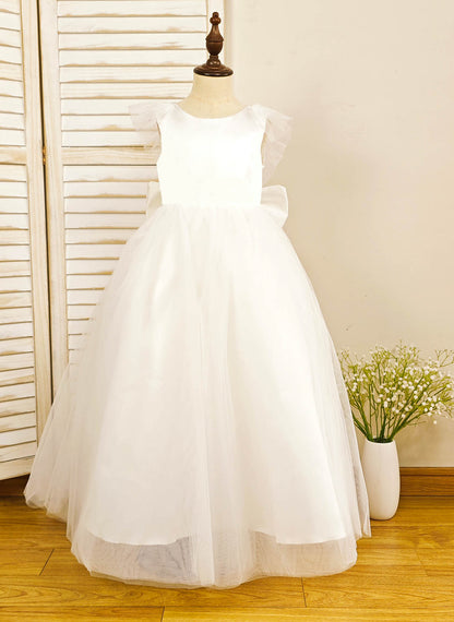 Floryme Ball-Gown Scoop Satin/Tulle Floor-length Flower Girl Dress With Bow