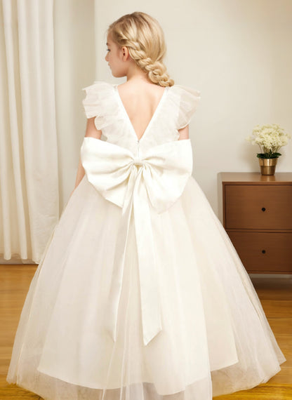 Floryme Ball-Gown Scoop Satin/Tulle Floor-length Flower Girl Dress With Bow