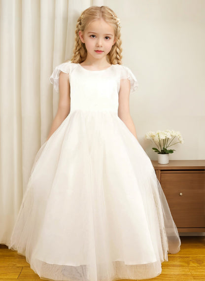 Floryme Ball-Gown Scoop Satin/Tulle Floor-length Flower Girl Dress With Bow