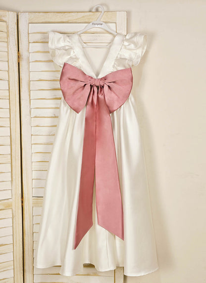 Floryme A-line Scoop Satin Floor-length Flower Girl Dress With Bow