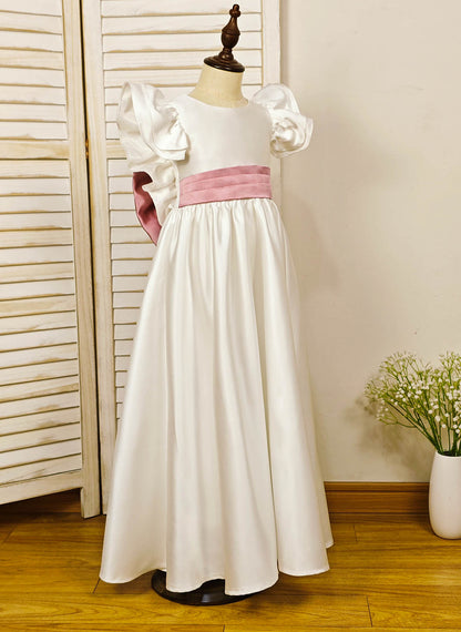 Floryme A-line Scoop Satin Floor-length Flower Girl Dress With Bow
