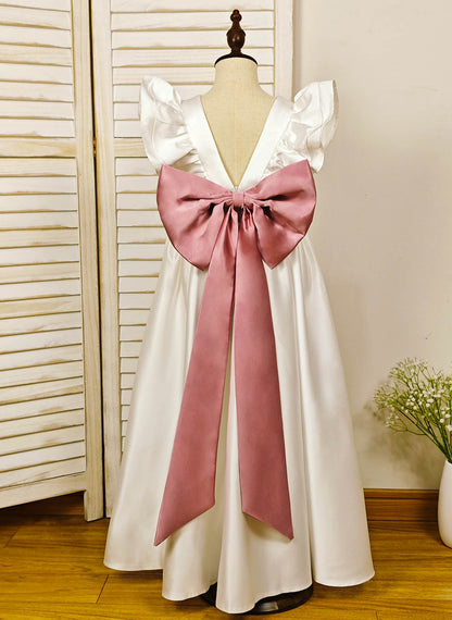 Floryme A-line Scoop Satin Floor-length Flower Girl Dress With Bow
