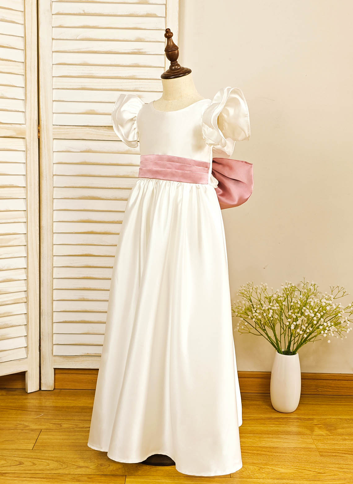 Floryme A-line Scoop Satin Floor-length Flower Girl Dress With Bow