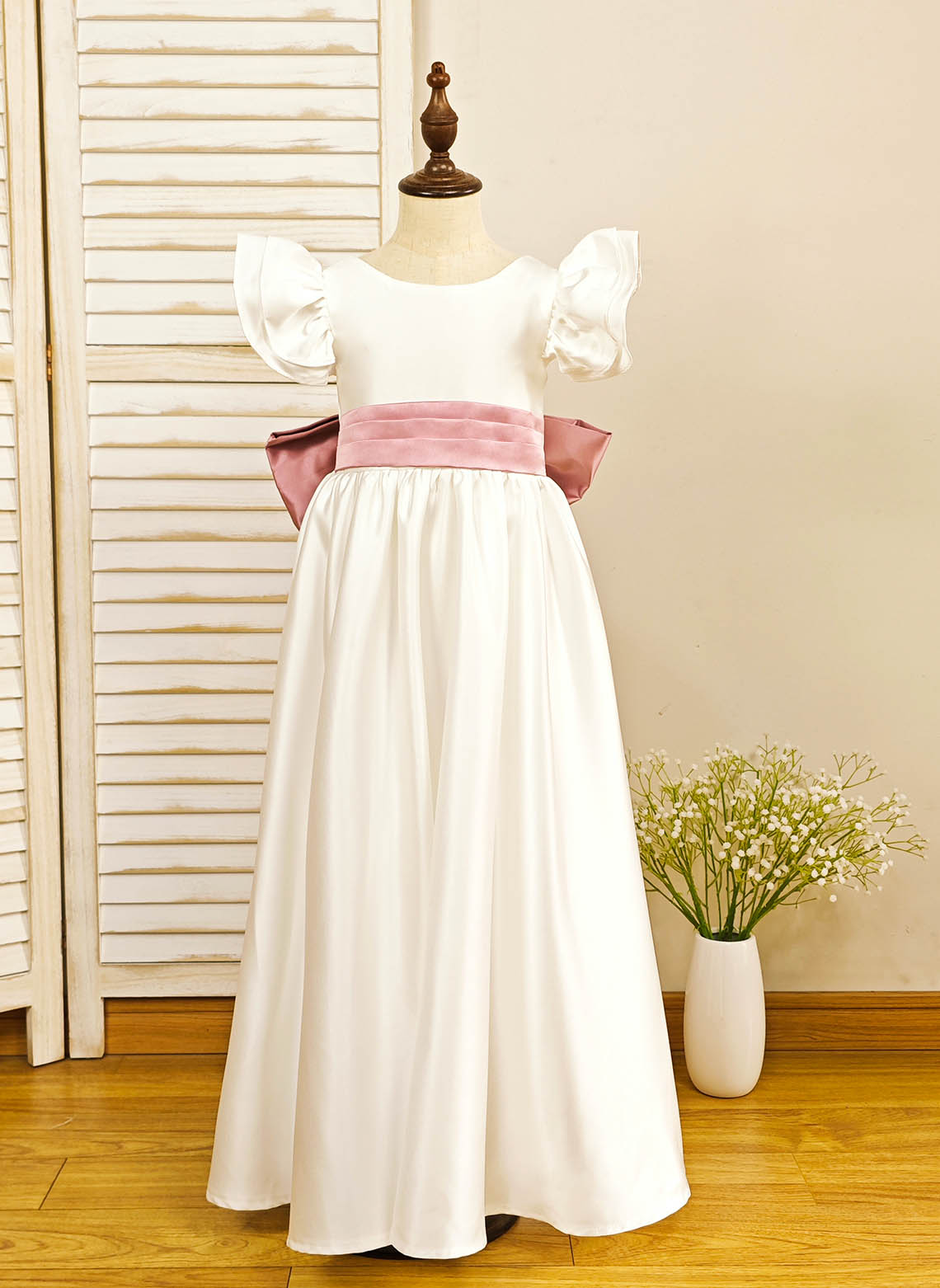 Floryme A-line Scoop Satin Floor-length Flower Girl Dress With Bow