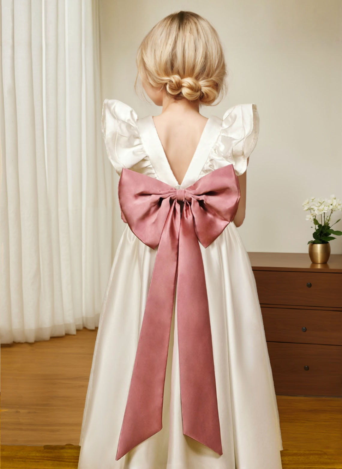 Floryme A-line Scoop Satin Floor-length Flower Girl Dress With Bow