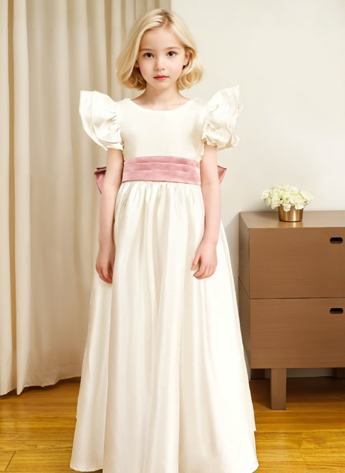 Floryme A-line Scoop Satin Floor-length Flower Girl Dress With Bow