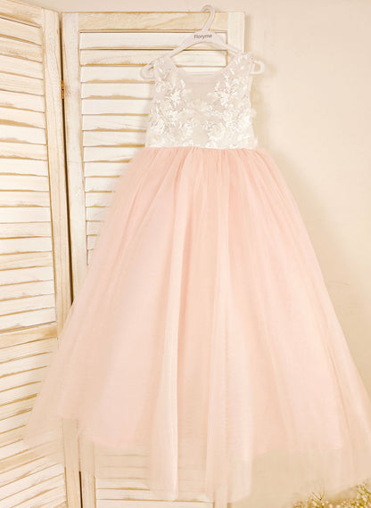 Floryme Ball-Gown Scoop Tulle Floor-length Flower Girl Dress With Bow/Lace Applique