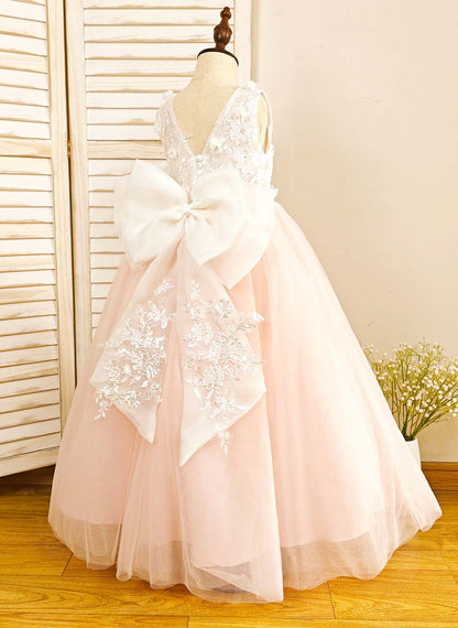 Floryme Ball-Gown Scoop Tulle Floor-length Flower Girl Dress With Bow/Lace Applique