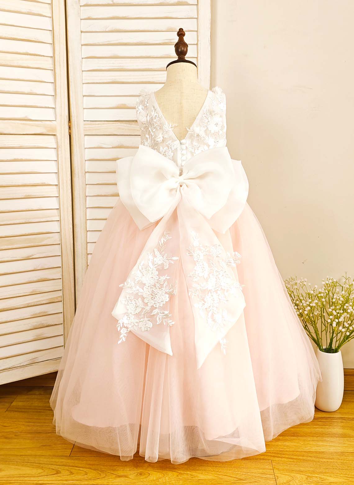 Floryme Ball-Gown Scoop Tulle Floor-length Flower Girl Dress With Bow/Lace Applique
