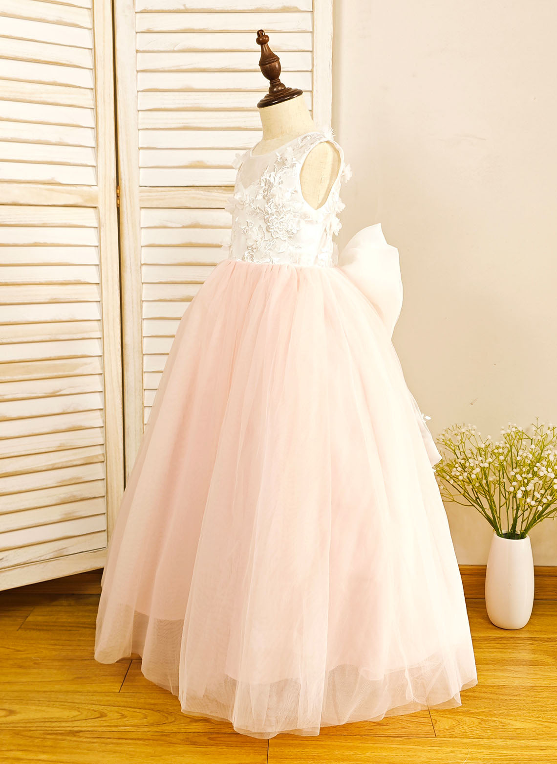 Floryme Ball-Gown Scoop Tulle Floor-length Flower Girl Dress With Bow/Lace Applique