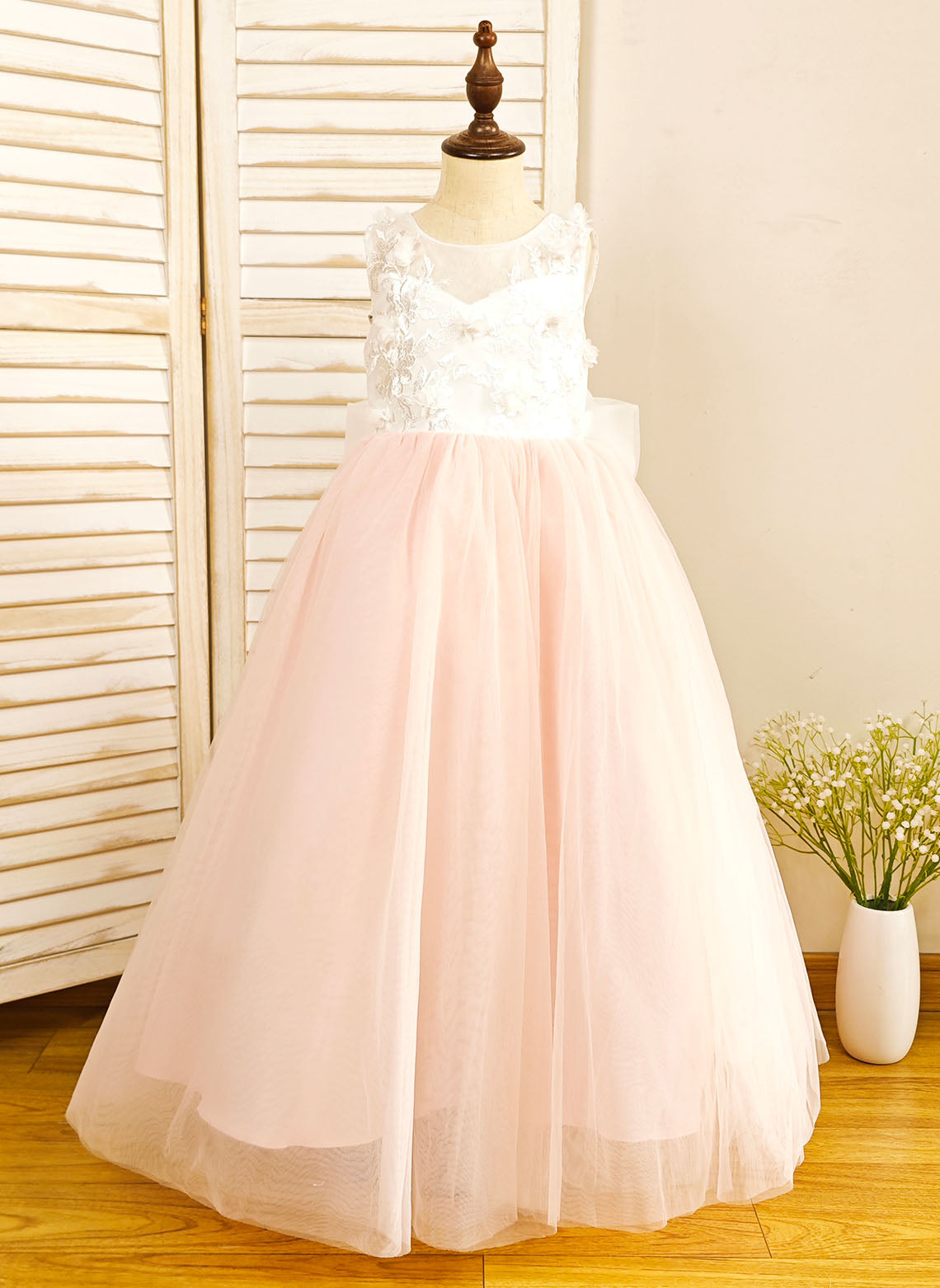 Floryme Ball-Gown Scoop Tulle Floor-length Flower Girl Dress With Bow/Lace Applique