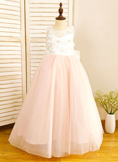 Floryme Ball-Gown Scoop Tulle Floor-length Flower Girl Dress With Bow/Lace Applique