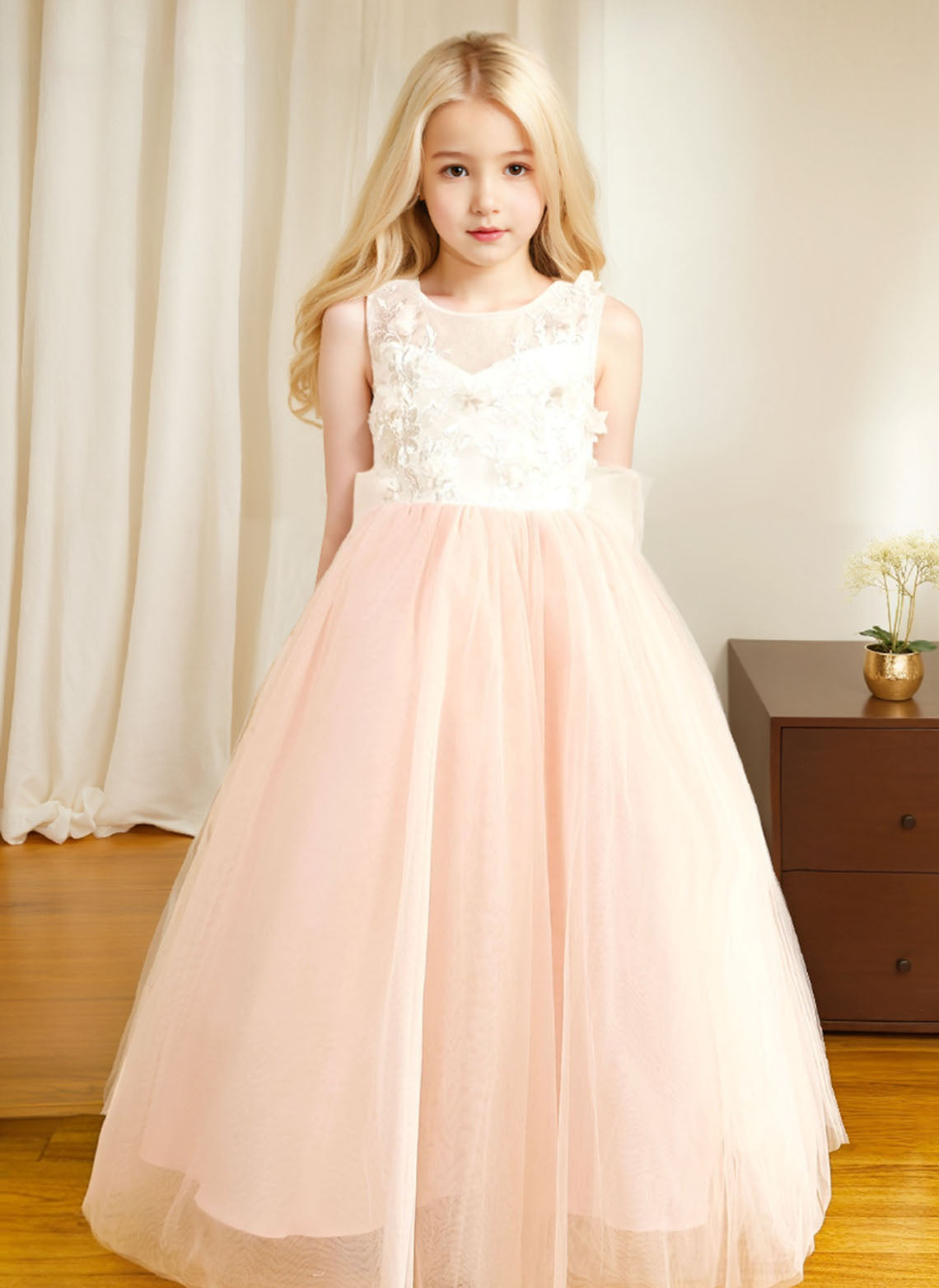 Floryme Ball-Gown Scoop Tulle Floor-length Flower Girl Dress With Bow/Lace Applique