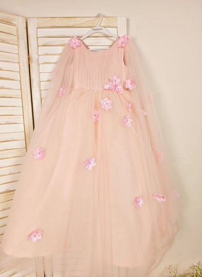 Floryme Ball-Gown Scoop Tulle/Satin Floor-length Flower Girl Dress With 3D Flower/Beading