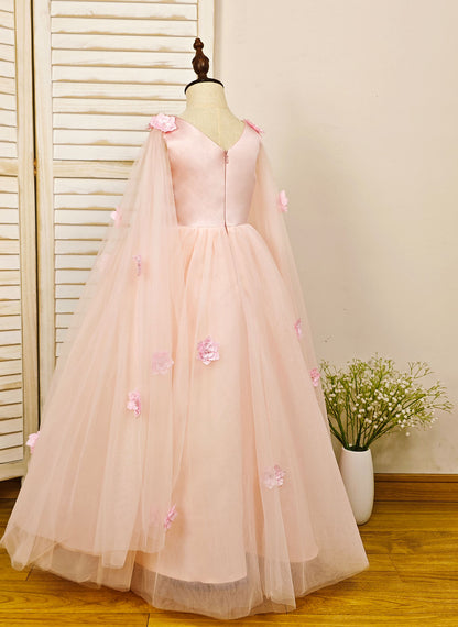 Floryme Ball-Gown Scoop Tulle/Satin Floor-length Flower Girl Dress With 3D Flower/Beading