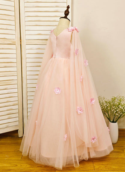 Floryme Ball-Gown Scoop Tulle/Satin Floor-length Flower Girl Dress With 3D Flower/Beading