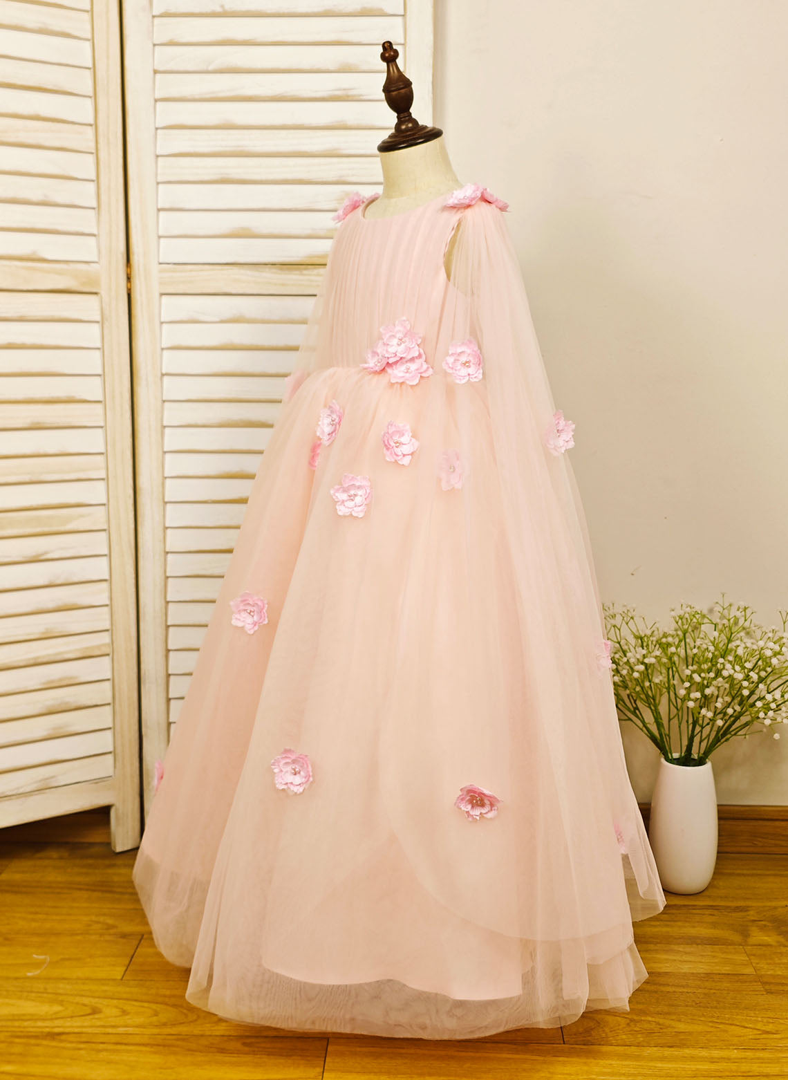 Floryme Ball-Gown Scoop Tulle/Satin Floor-length Flower Girl Dress With 3D Flower/Beading