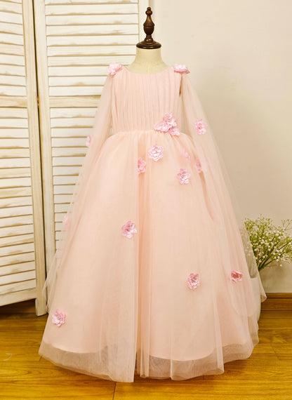 Floryme Ball-Gown Scoop Tulle/Satin Floor-length Flower Girl Dress With 3D Flower/Beading