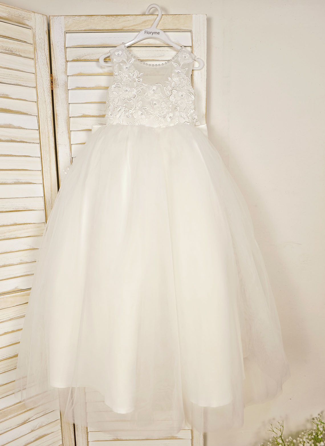 Floryme Ball-Gown Scoop Tulle/Satin Floor-length Flower Girl Dress With 3D Flower/Pearl/Bow