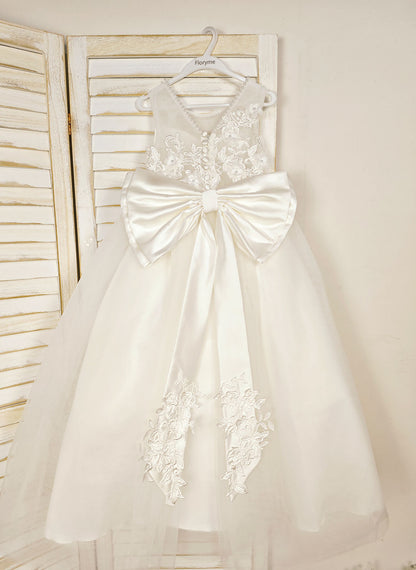 Floryme Ball-Gown Scoop Tulle/Satin Floor-length Flower Girl Dress With 3D Flower/Pearl/Bow