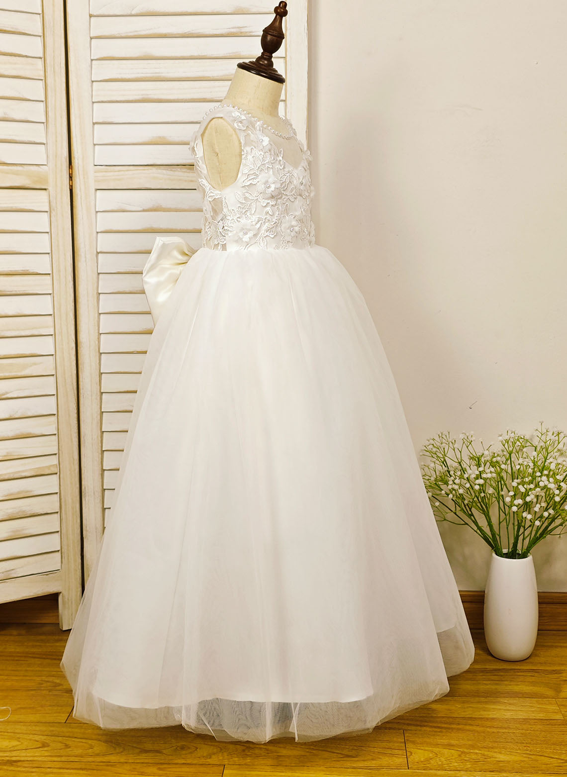Floryme Ball-Gown Scoop Tulle/Satin Floor-length Flower Girl Dress With 3D Flower/Pearl/Bow