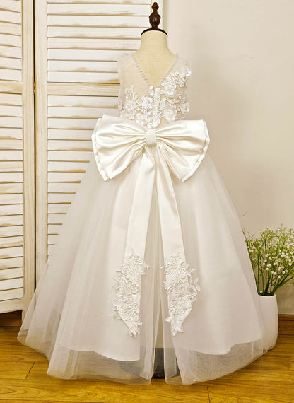 Floryme Ball-Gown Scoop Tulle/Satin Floor-length Flower Girl Dress With 3D Flower/Pearl/Bow