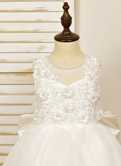 Floryme Ball-Gown Scoop Tulle/Satin Floor-length Flower Girl Dress With 3D Flower/Pearl/Bow