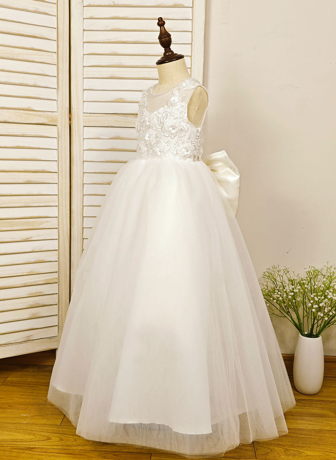 Floryme Ball-Gown Scoop Tulle/Satin Floor-length Flower Girl Dress With 3D Flower/Pearl/Bow