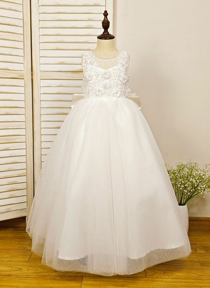 Floryme Ball-Gown Scoop Tulle/Satin Floor-length Flower Girl Dress With 3D Flower/Pearl/Bow