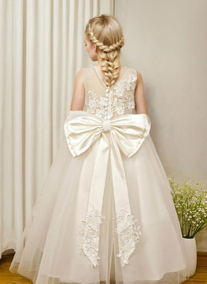 Floryme Ball-Gown Scoop Tulle/Satin Floor-length Flower Girl Dress With 3D Flower/Pearl/Bow
