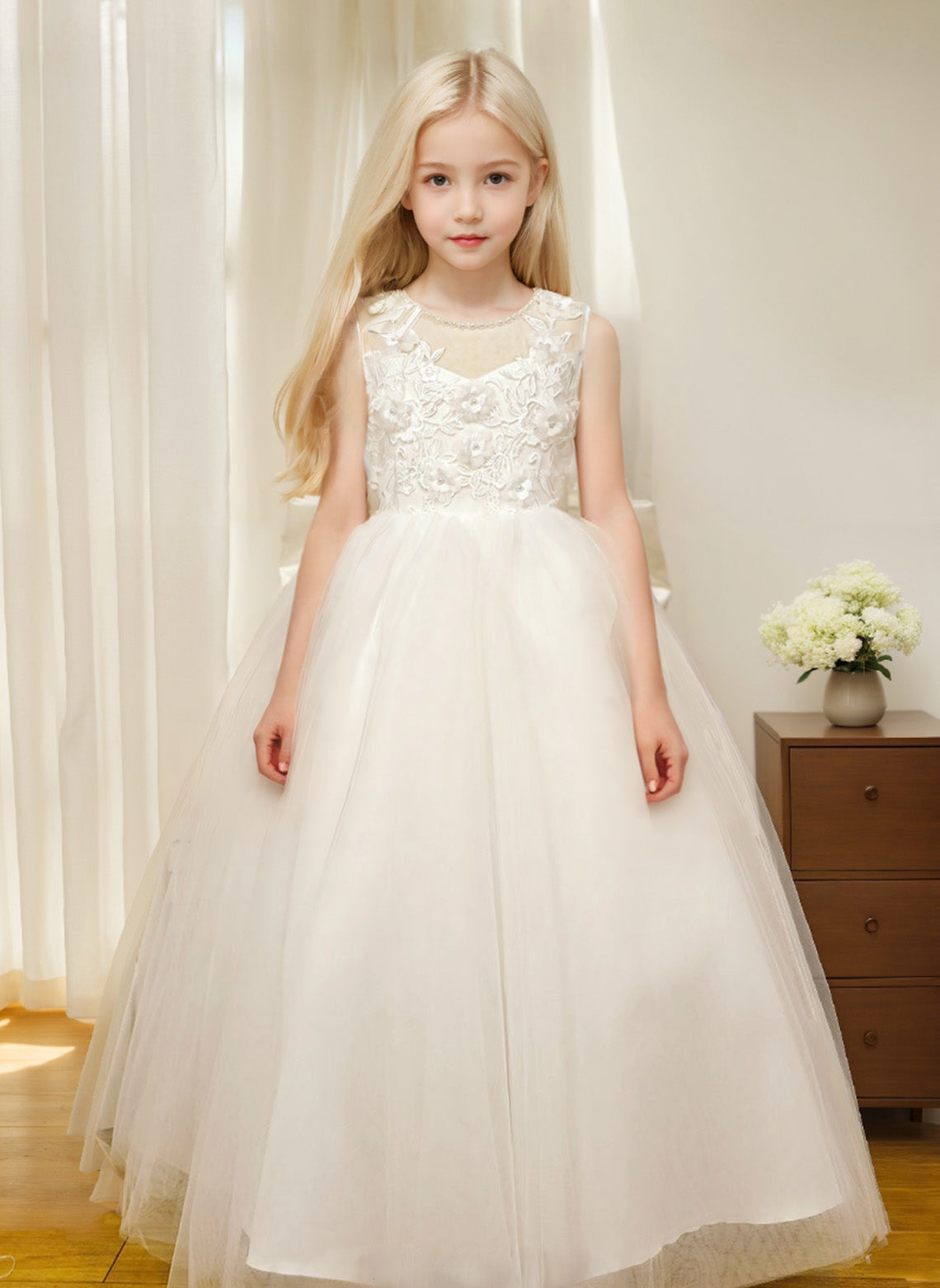Floryme Ball-Gown Scoop Tulle/Satin Floor-length Flower Girl Dress With 3D Flower/Pearl/Bow