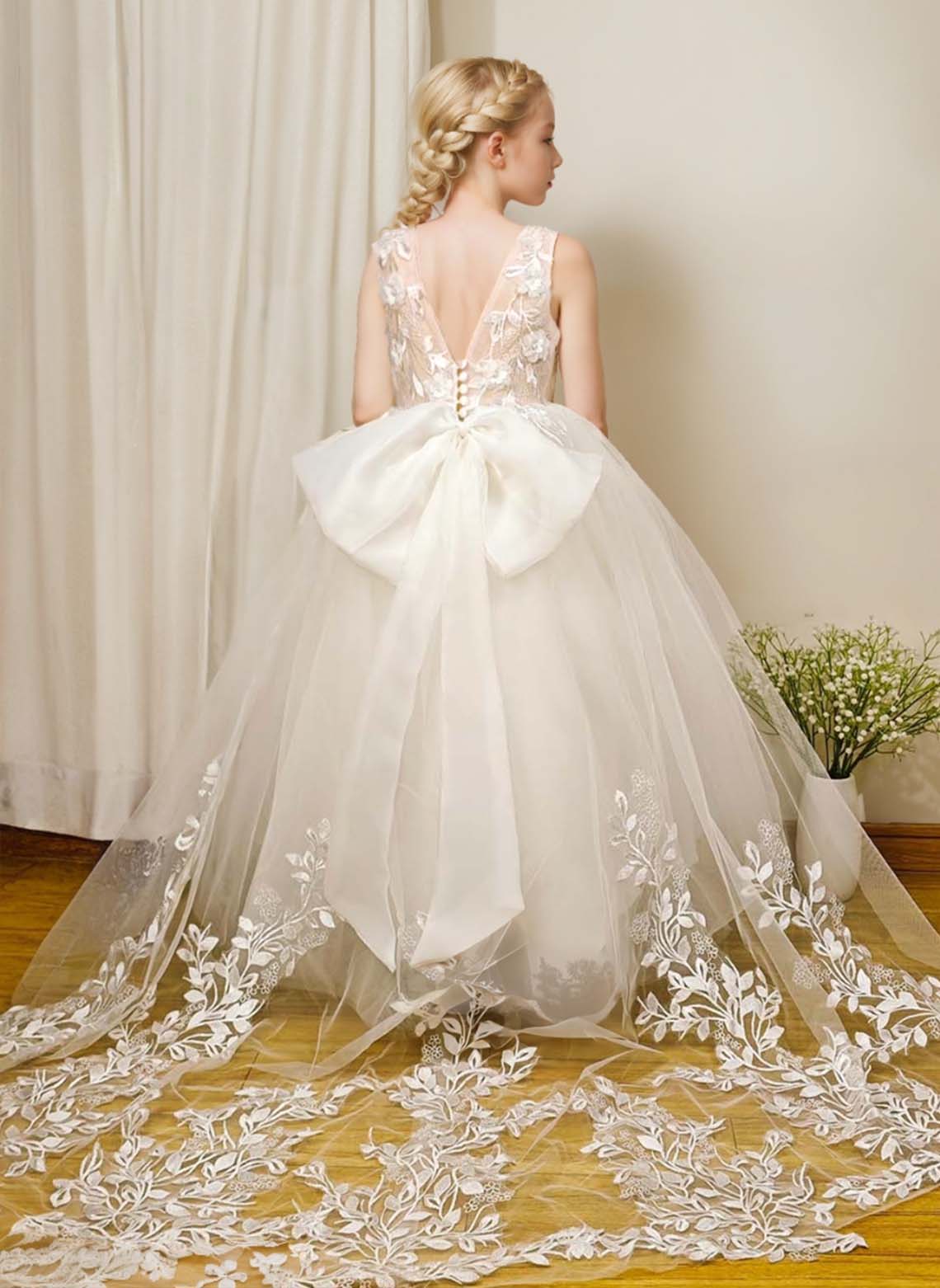 Floryme Ball-Gown Scoop Tulle/Satin Court Train Flower Girl Dress With 3D Flower/Pearl/Bow