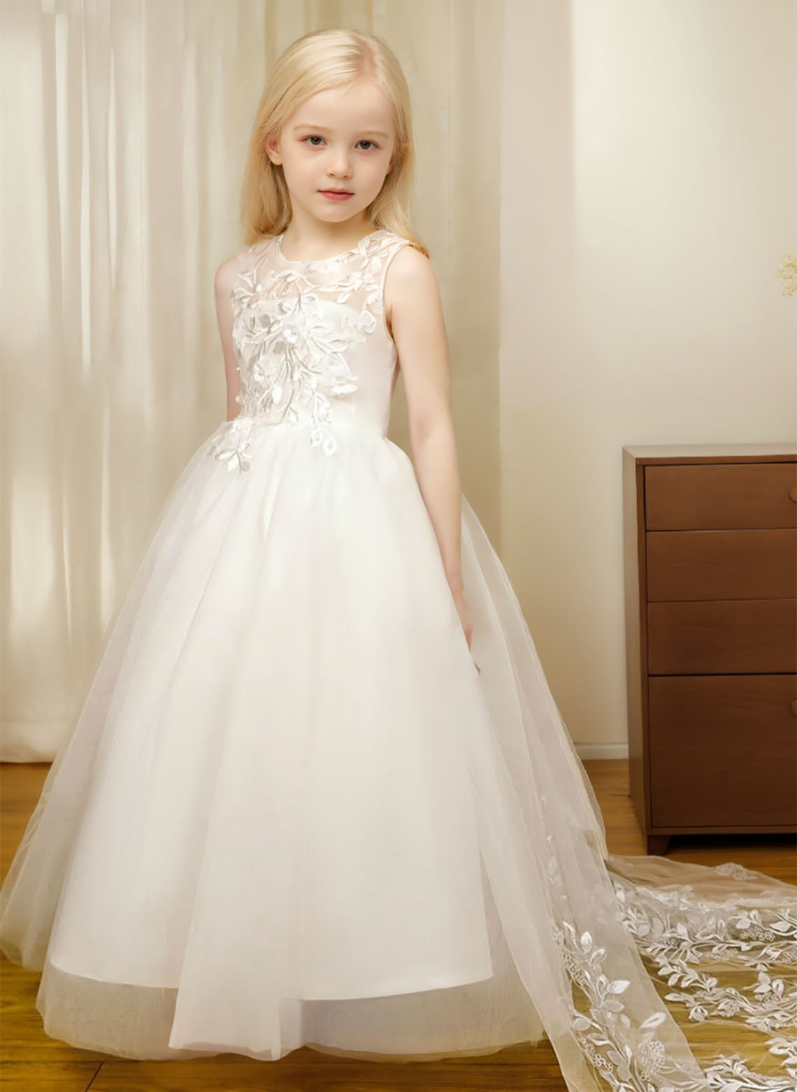 Floryme Ball-Gown Scoop Tulle/Satin Court Train Flower Girl Dress With 3D Flower/Pearl/Bow