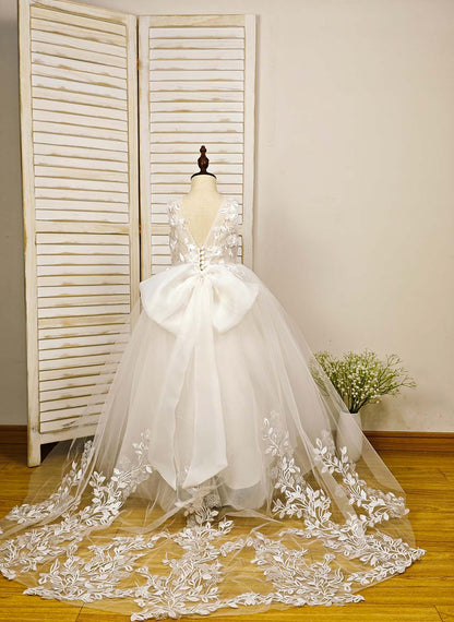 Floryme Ball-Gown Scoop Tulle/Satin Court Train Flower Girl Dress With 3D Flower/Pearl/Bow